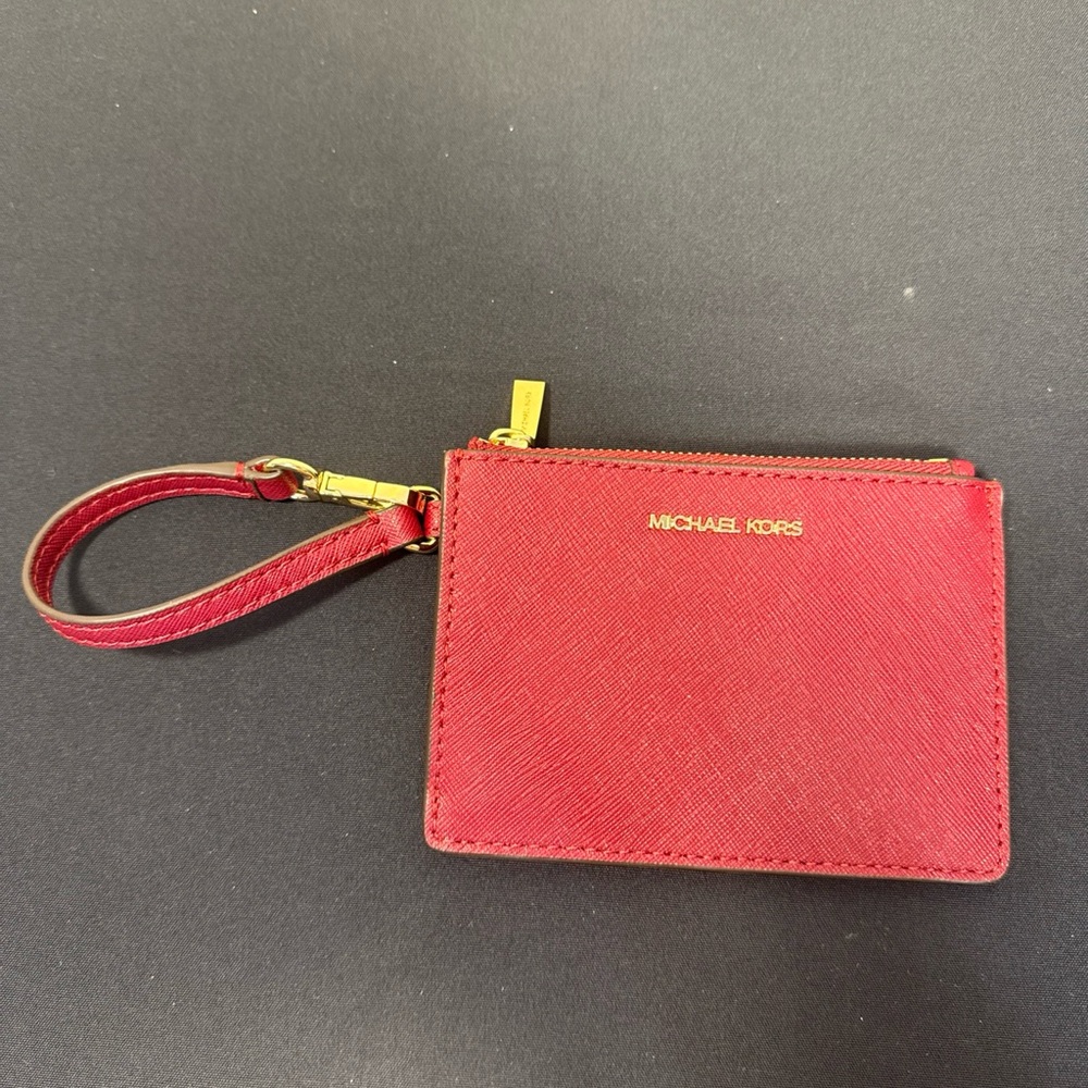 Michael Kors Red Maroon Gold Zip Leather Wristlet Wallet Small NEW
